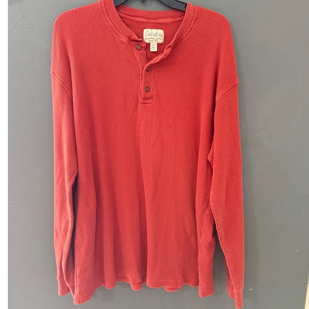 Cabelas Mens XL Red Waffle Knit Thermal Henley Long Sleeve Cotton Shirt Outdoor